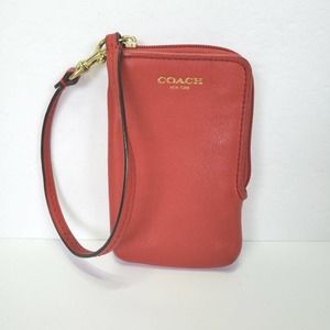 Coach Red Wallet Wristlet Card 5x3 Zip Medium All Leather Pouch Case Logo